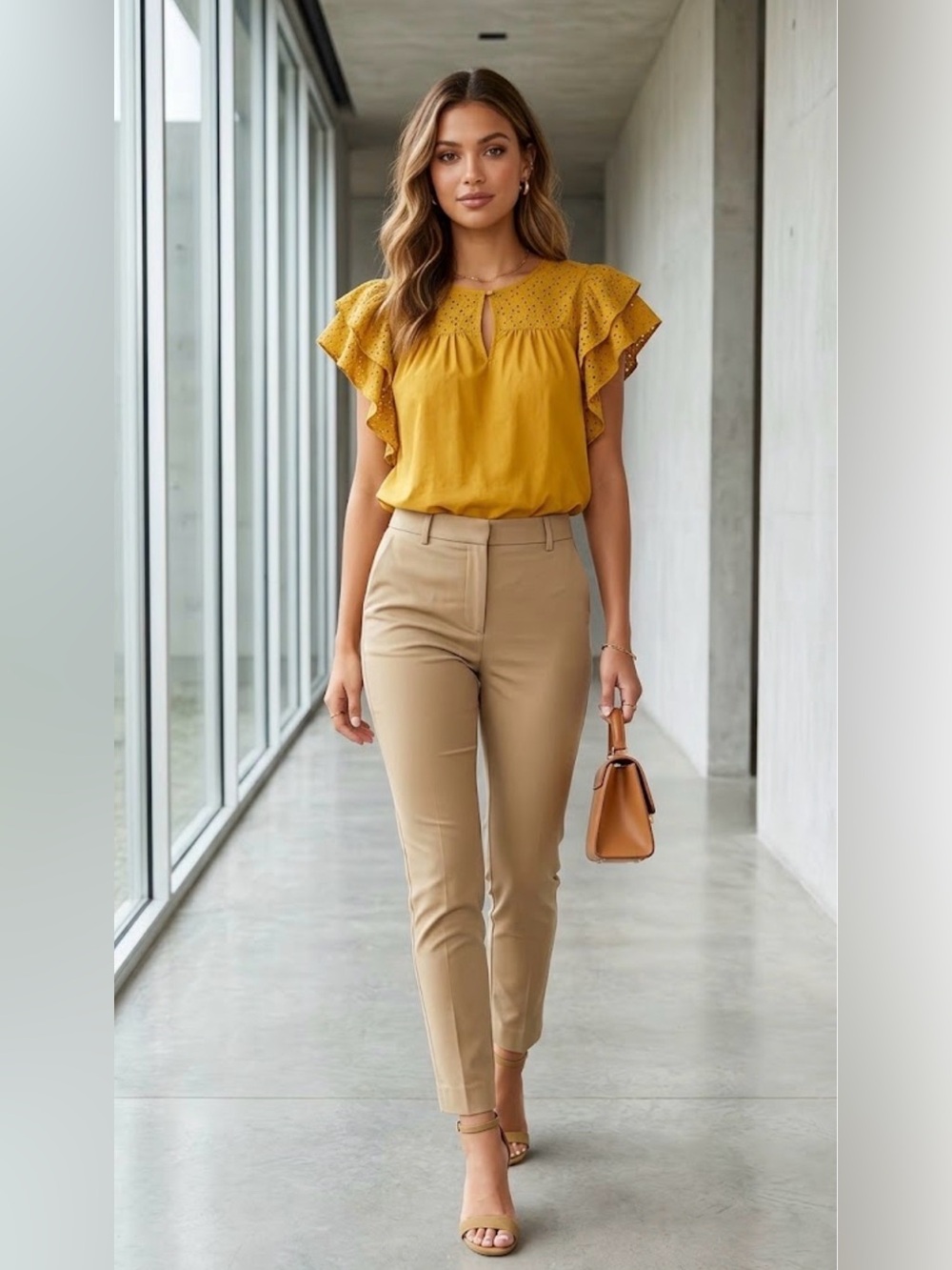 Mustard Eyelet Flutter-Sleeve Blouse